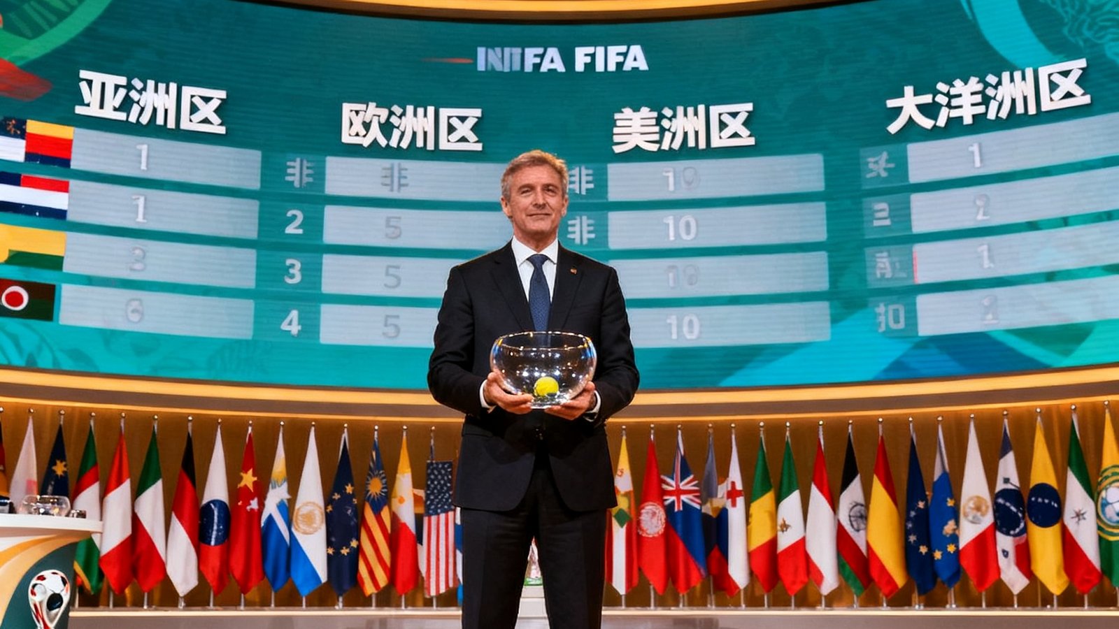世界杯预选赛抽签仪式现场，国际足联官员手持抽签球面向镜头，背景巨型屏幕显示各大洲分组结果，多国国旗并列排列。