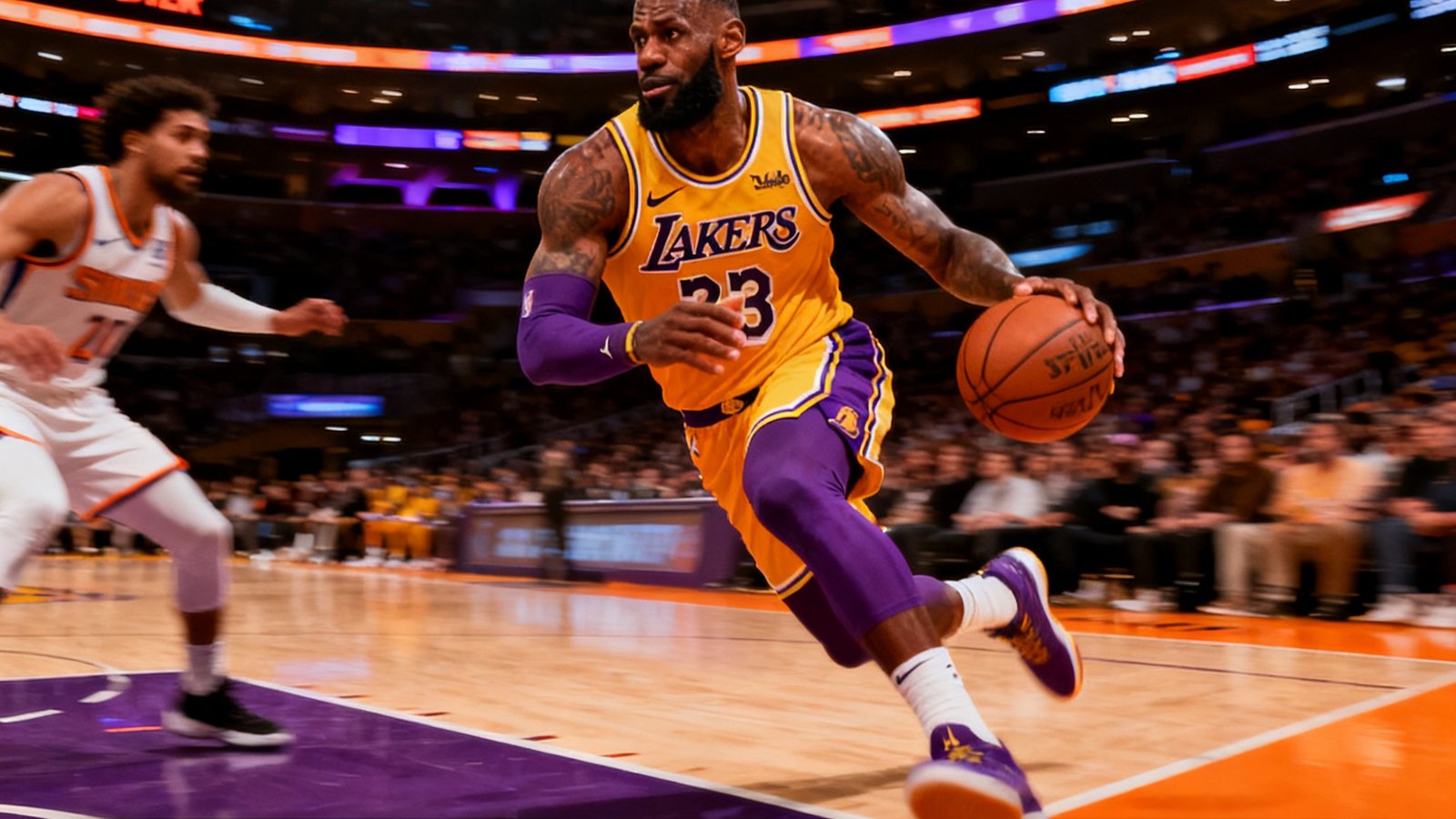 NBA常规赛湖人队主场斯台普斯中心内景，勒布朗·詹姆斯持球突破的瞬间，屏幕底部弹幕区飞速滚动着球迷的惊叹与欢呼，橙紫色灯光笼罩全场。